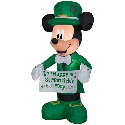 Mickey Mouse inflatable with a sign that says Happy St. Patricks Day