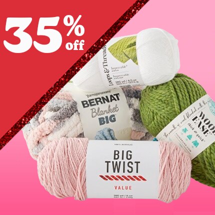 assorted skeins of yarn in pale blues, greens, purple and pinks  with 35% off in white text in red triangle