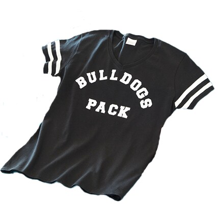 black t-shirt with white stripes and 'bulldogs pack' in white lettering