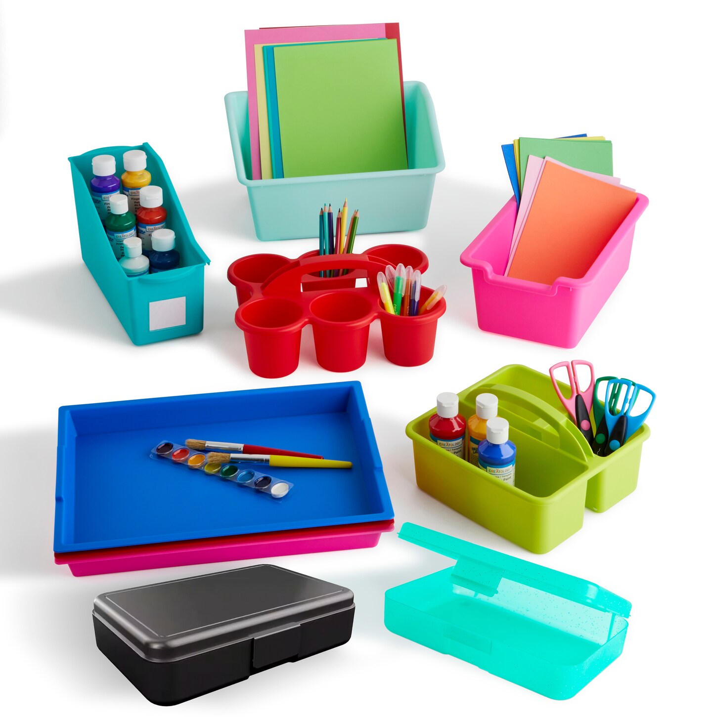 Kids storage caddy, trays, bins, & pencil cases arranged. 