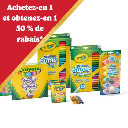 Fournitures artistiques Crayola dans un emballage avec "Achetez 1, obtenez le 2ème à -50%" en texte blanc sur un triangle rouge.