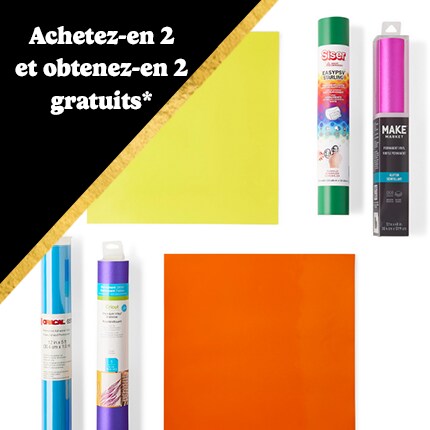Rouleaux et feuilles de vinyle assortis avec Achetez 2 obtenez 2 gratuits dans un triangle noir.