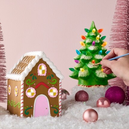 painted ceramic gingerbread house and hand painting ceramic Christmas tree with lights