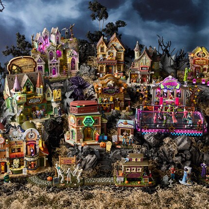 Lemax Spooky Town village scene with miniature Halloween buildings