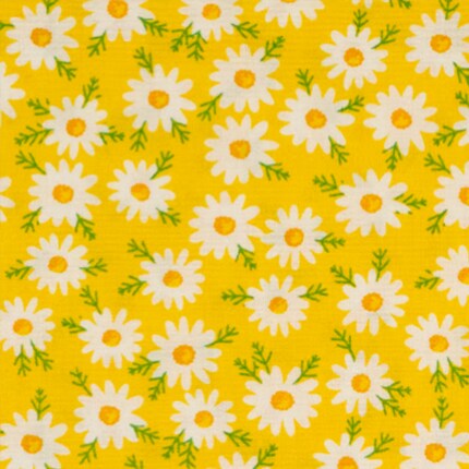 white daisy on yellow background fabric swatch 