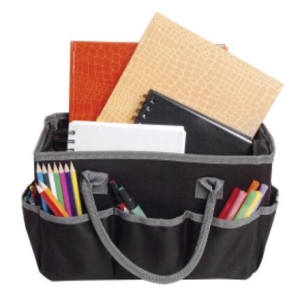 A black art storage bag with art materials in different pockets