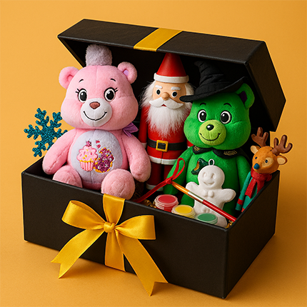 Black and gold gift box with care bares and nutcracker