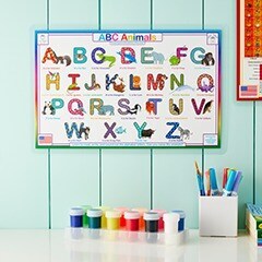 Alphabet chart hanging in a classroom