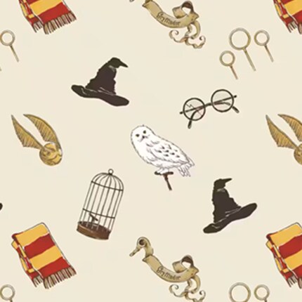wizard hat, owl, glasses and harry potter themed items on tan fabric background