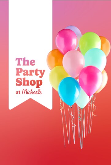 The party shop in pink ombre text in white bubble over bright colored stripes