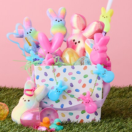 PEEPs toys and stuffed animals in a basket