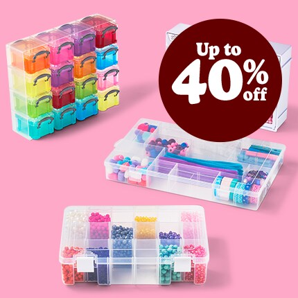 plastic craft storage  with up to 40% off in white text over maroon bubble
