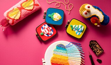 punch needle and crochet kits with pink background
