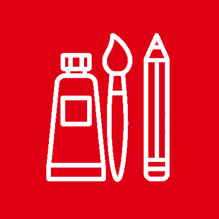 white and red paint palette icon on black background