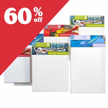 six white canvas in assorted sizes with 60% off in white text over red triangle