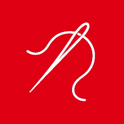 white outline of sewing needle and thread on red background