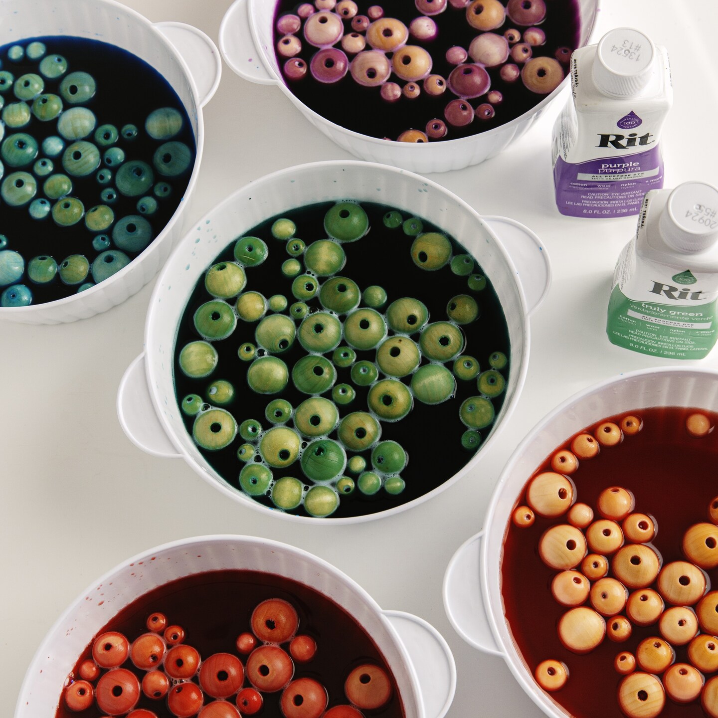 wood beads in dye