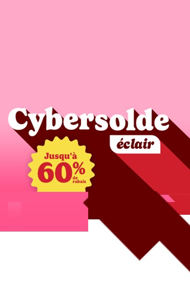 Logo de vente flash cyber en texte blanc sur fond rouge et rose avec une explosion jaune « jusqu'à 60 % de réduction »