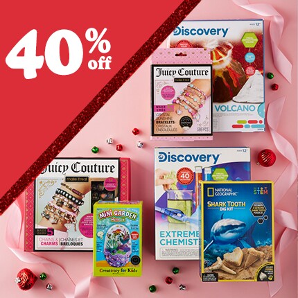 assorted science, jewelry and craft kits for kids with 40% off in white text in red triangle