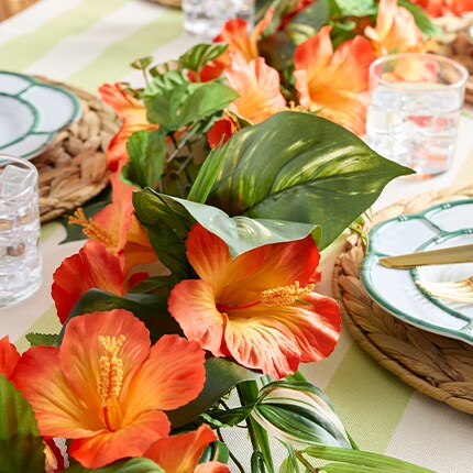 Summer hydrangea table garland across a party scape table
