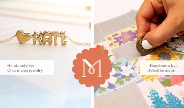 MakerPlace by Michaels A necklace with "Kate" in gold on the left and a hand scratching a colorful, floral scratch-off map on the right. Both items are labeled as handmade.