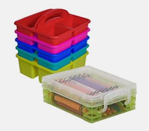 storage box filled with crayons and handled caddy