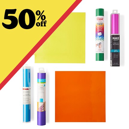 four rolls and two sheets of vinyl with 50% off in black text over yellow triangle