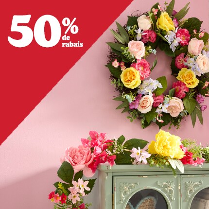 Manteau de Pâques avec jusqu'à 50 % de réduction en texte blanc sur triangle rouge.