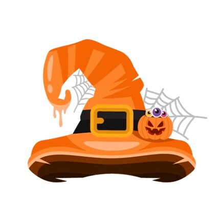 Orange witch hat PNG file with small pumpkin and spider webs
