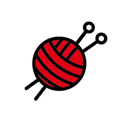 black line icon of yarn skein and knitting needles