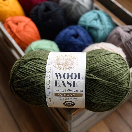 wooden box with wool ease yarn by lioin brand