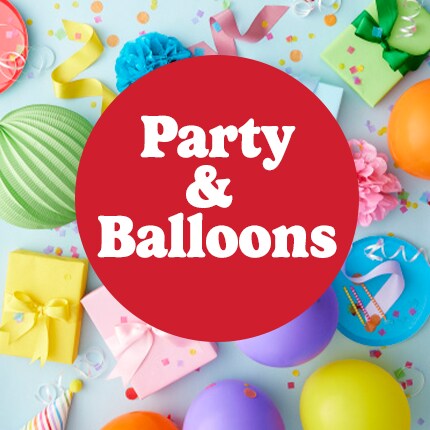 party & balloons in red circle