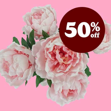 pink flowers with pink background and 50% off in white text over maroon bubble
