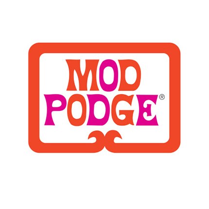 Mod Podge logo in orange and pink letters with orange border