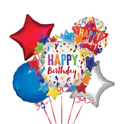 silver and red star balloons with colorful birthday balloons
