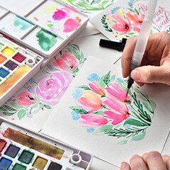 Artist watercolor paint of pink flowers