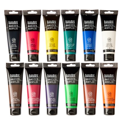 acrylic paint tubes in primary colors