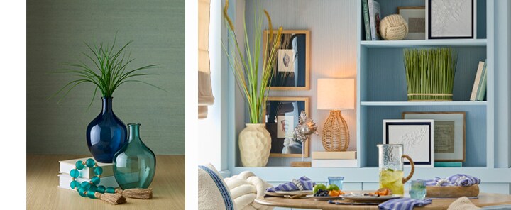 Modern coastal decor with cool blue hues and beachy vibe decor