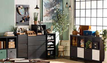art studio with black storage furniture