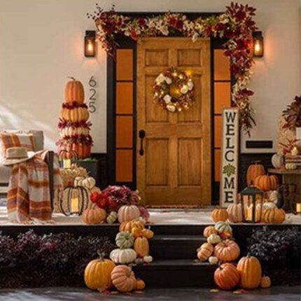 A front porch with pumpkins and a wreath