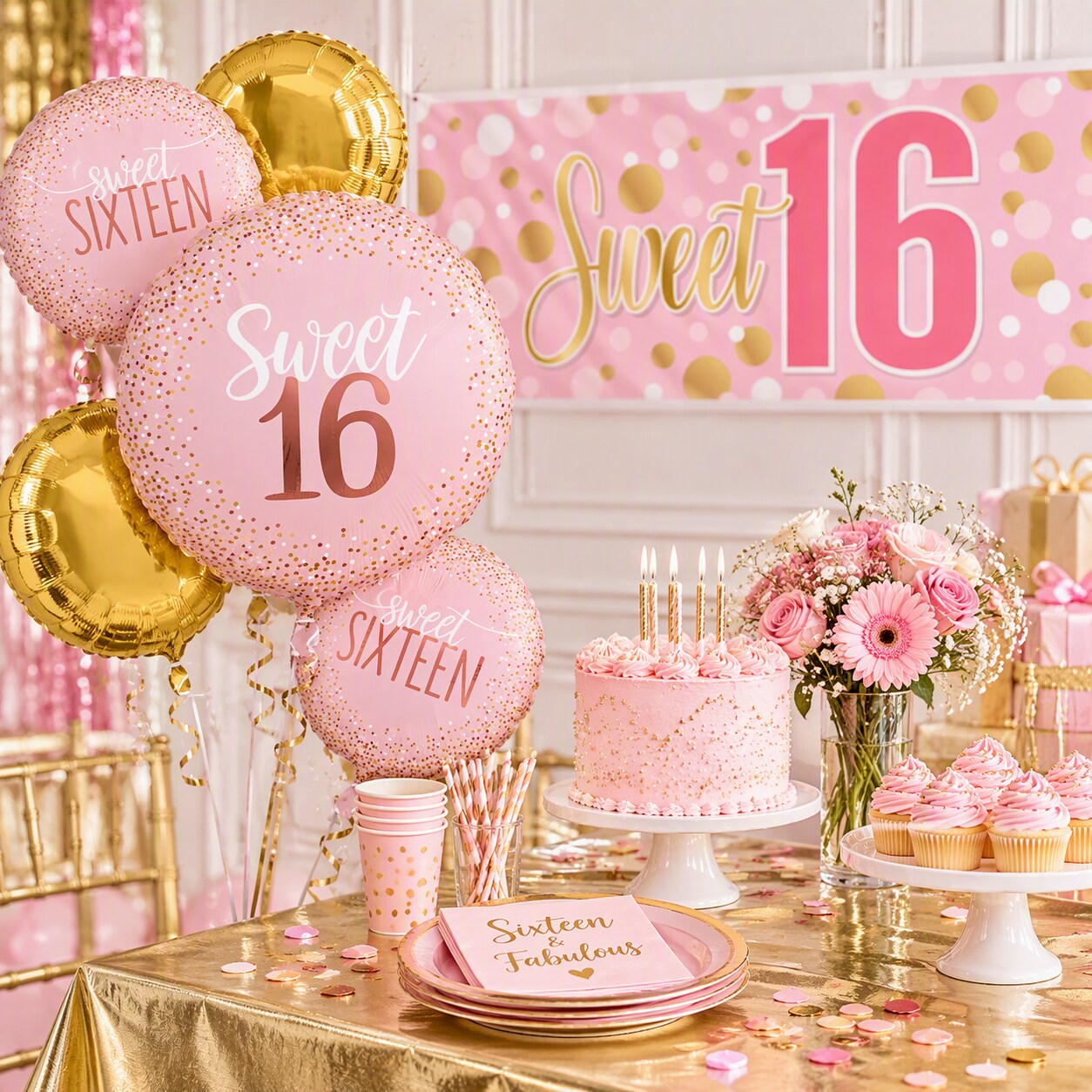 pink and gold sweet 16 party decorations