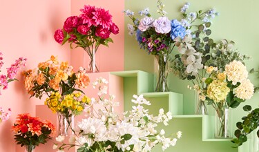 Colorful flower bouquets arranged against a split pink and green background. 