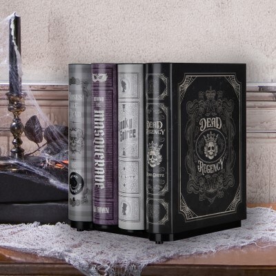 animated halloween dead regency themed books in black, gray, and purple 