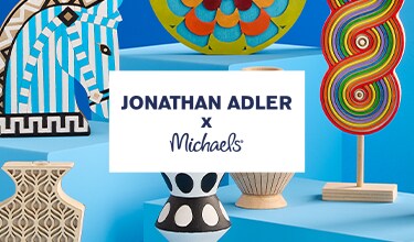 Jonathan Adler x Michaels logo with background of painted and unfinished decor
