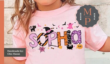 MakerPlace by Michaels Split image showing a child in a pink “SOPHIA” shirt beside hand-painted ghost ornaments labeled Mom, Dad, Jack, and Mary; playful handmade tone.