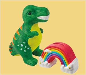 Paint dinosaur and painted rainbow on a yellow background