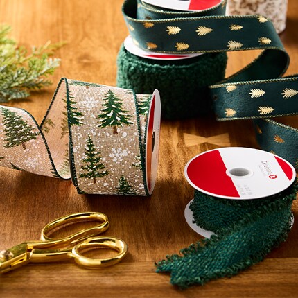 Christmas Ribbon in green colors and with Christmas Tree pattern