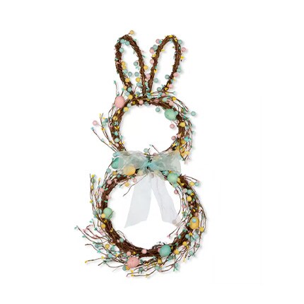 bunny shaped grapevine wreath with pastel eggs
