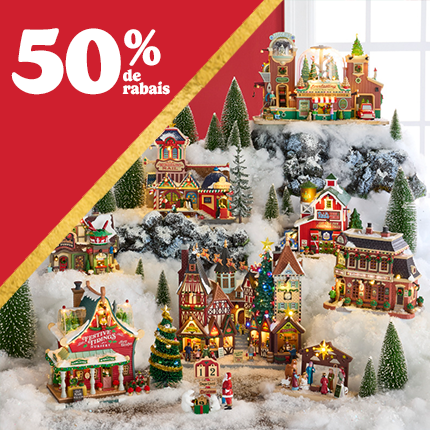 Scène de construction de village de Noël avec 50 % de réduction en texte blanc sur triangle rouge.