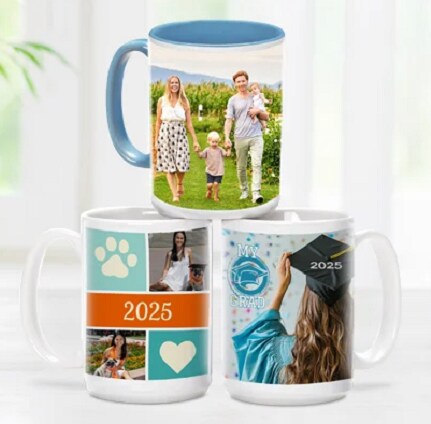 three mugs stacked with photography designs